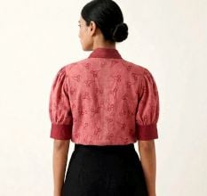 Handcrafted Cherry Knot Top with Puff Sleeves Cotton
